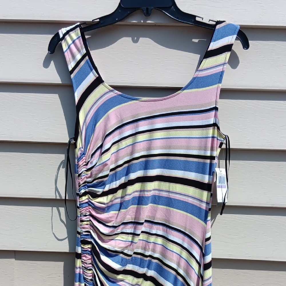 SPENSE Women's Pastel Striped Sleeveless Ruching  Dress with Side Slit  - Small